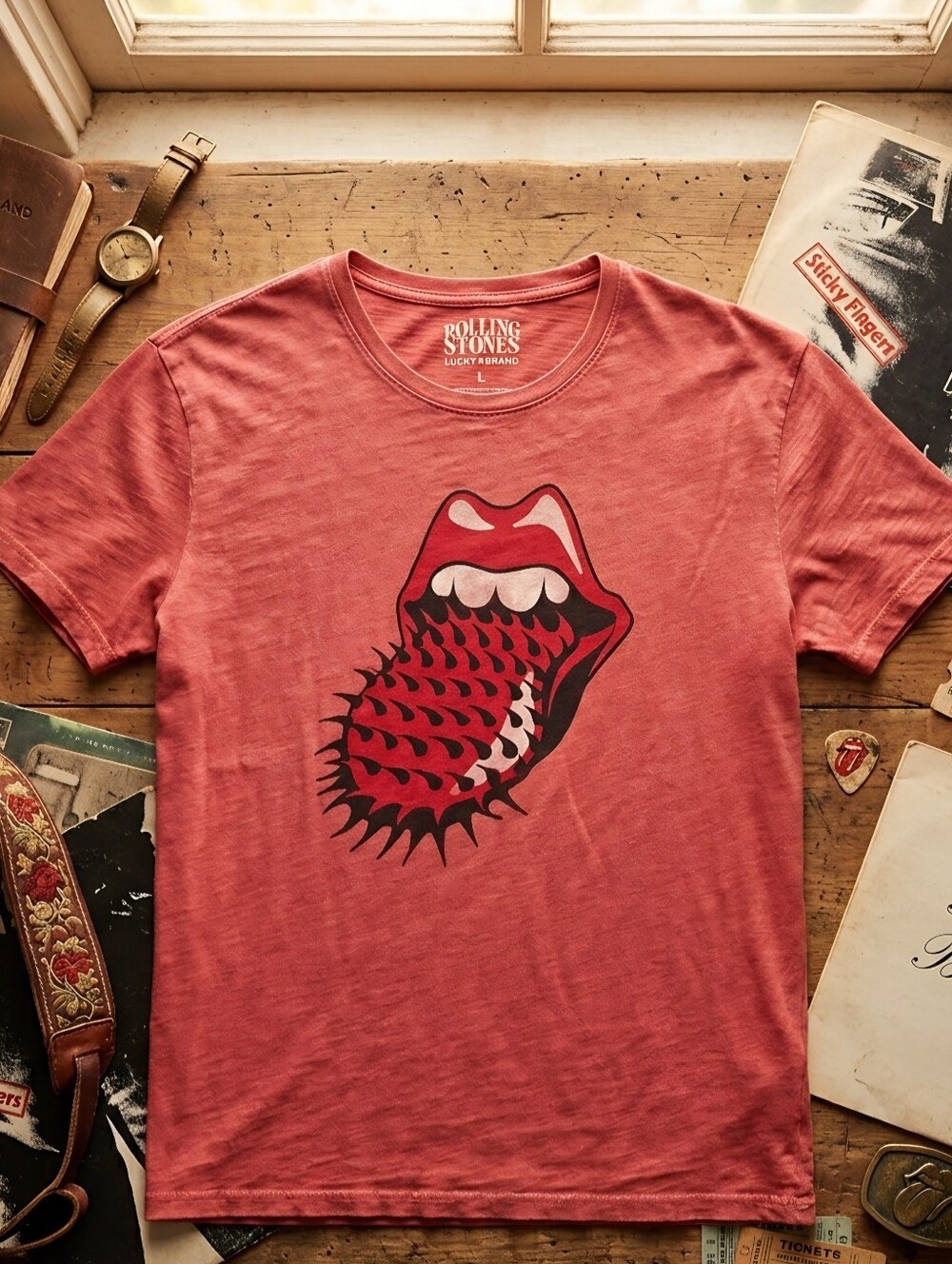 Lucky Brand Rolling Stones Spiked Tongue Graphic T-Shirt Red Mens L Large